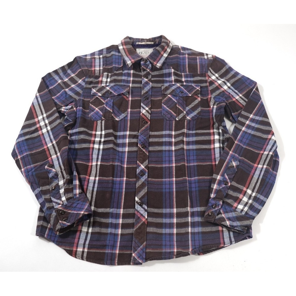 21MEN Flannel Shirt Mens M Brown Plaid Western Pocket Long Sleeve Cotton Top
